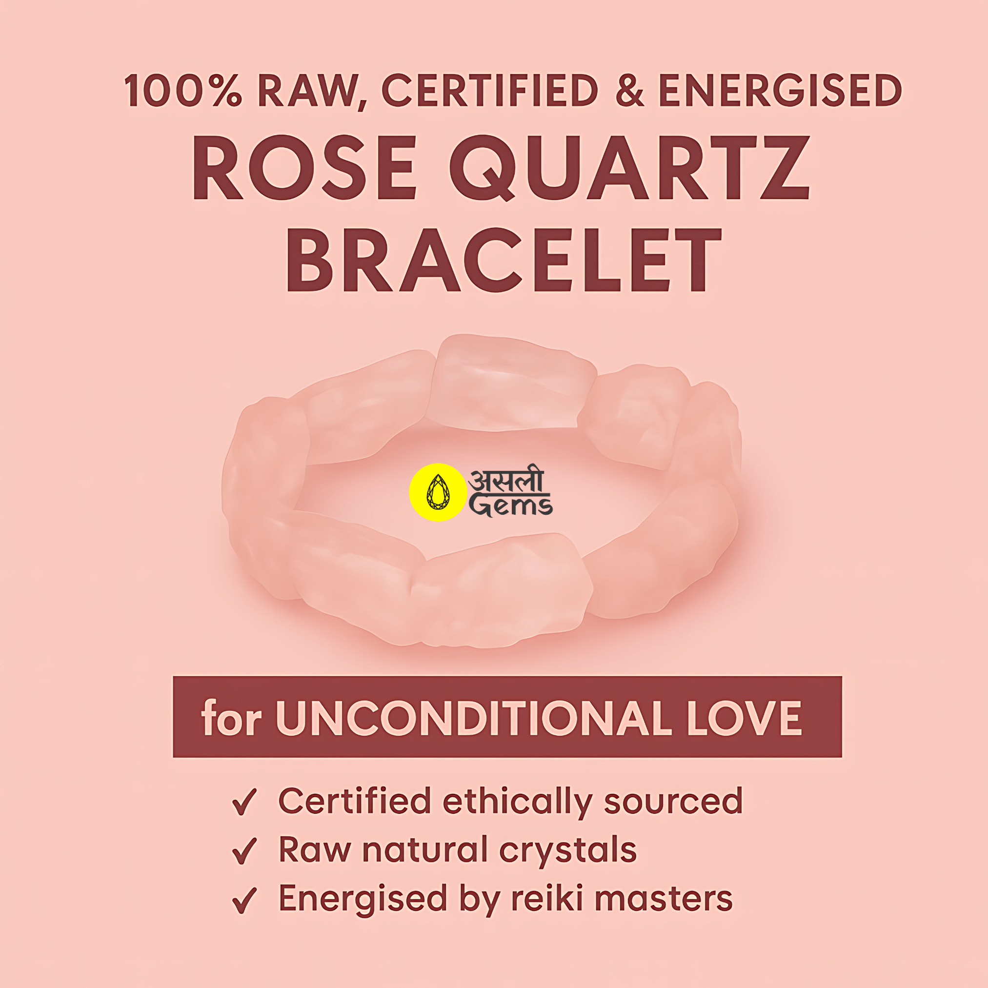 Pure Raw Rose Quartz Bracelet (100% Certified & Lab Tested)